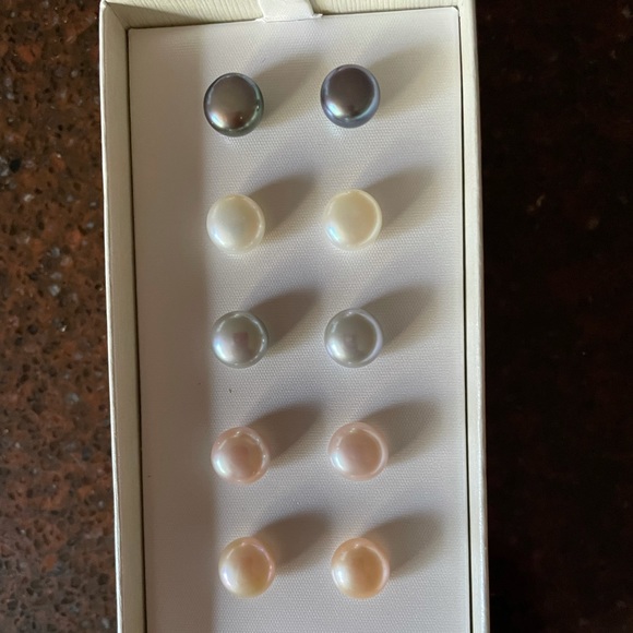 Jewelry - Sterling Silver Genuine Fresh Water Pearl Button Shape Earrings Five Pairs NWB